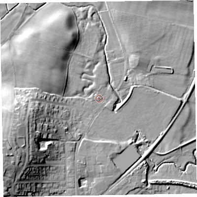 Shaded relief map of the ground around LA185AF, computed from Environment Agency LiDAR. The ground here sits at about 6 m above sea level and falls 23 m across the surrounding 800 m. Surface water reaching this point runs off ground lying to the west-south-west, 18.0 m higher.