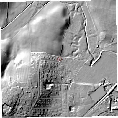 Shaded relief map of the ground around LA185AH, computed from Environment Agency LiDAR. The ground here sits at about 8 m above sea level and falls 28 m across the surrounding 800 m. Surface water reaching this point runs off ground lying to the west-south-west, 14.5 m higher.