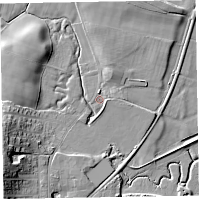 Shaded relief map of the ground around LA185EX, computed from Environment Agency LiDAR. The ground here sits at about 6 m above sea level and falls 21 m across the surrounding 800 m. Surface water reaching this point runs off ground lying to the north-north-east, 4.3 m higher.