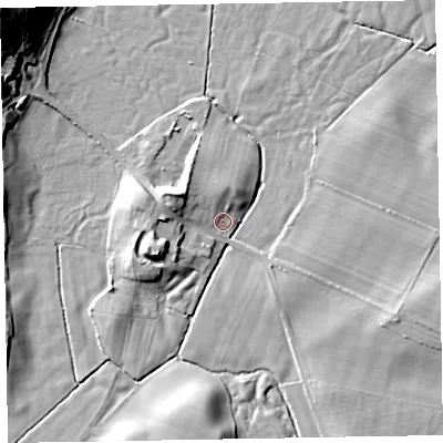 Shaded relief map of the ground around LA185EY, computed from Environment Agency LiDAR. The ground here sits at about 7 m above sea level and falls 26 m across the surrounding 800 m. Surface water reaching this point runs off ground lying to the north-west, 5.1 m higher.