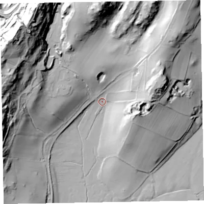 Shaded relief map of the ground around LA185EZ, computed from Environment Agency LiDAR. The ground here sits at about 10 m above sea level and falls 72 m across the surrounding 800 m. Surface water reaching this point runs off ground lying to the north-east, 45.3 m higher.