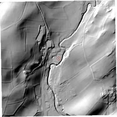 Shaded relief map of the ground around LA185GY, computed from Environment Agency LiDAR. The ground here sits at about 27 m above sea level and falls 68 m across the surrounding 800 m. Surface water reaching this point runs off ground lying to the west-north-west, 56.4 m higher.