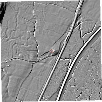 Shaded relief map of the ground around LA185HA, computed from Environment Agency LiDAR. The ground here sits at about 6 m above sea level and falls 13 m across the surrounding 800 m. Surface water reaching this point runs off ground lying to the east-south-east, 2.8 m higher.