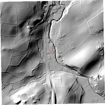 Shaded relief map of the ground around LA185HJ, computed from Environment Agency LiDAR. The ground here sits at about 20 m above sea level and falls 78 m across the surrounding 800 m. Surface water reaching this point runs off ground lying to the north-west, 70.5 m higher.
