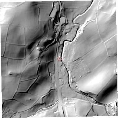 Shaded relief map of the ground around LA185HL, computed from Environment Agency LiDAR. The ground here sits at about 23 m above sea level and falls 80 m across the surrounding 800 m. Surface water reaching this point runs off ground lying to the north-west, 66.3 m higher.