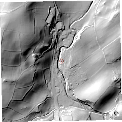 Shaded relief map of the ground around LA185HN, computed from Environment Agency LiDAR. The ground here sits at about 24 m above sea level and falls 76 m across the surrounding 800 m. Surface water reaching this point runs off ground lying to the west-north-west, 65.9 m higher.