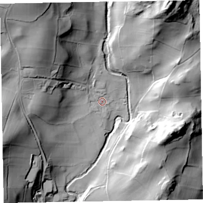 Shaded relief map of the ground around LA185HP, computed from Environment Agency LiDAR. The ground here sits at about 40 m above sea level and falls 67 m across the surrounding 800 m. Surface water reaching this point runs off ground lying to the north-west, 49.5 m higher.