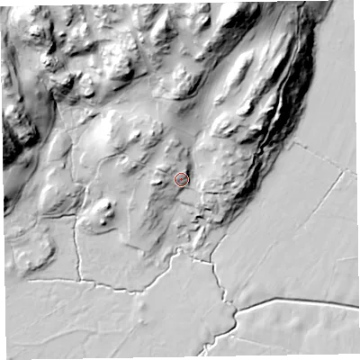 Shaded relief map of the ground around LA185HR, computed from Environment Agency LiDAR. The ground here sits at about 19 m above sea level and falls 62 m across the surrounding 800 m. Surface water reaching this point runs off ground lying to the north-west, 9.0 m higher.