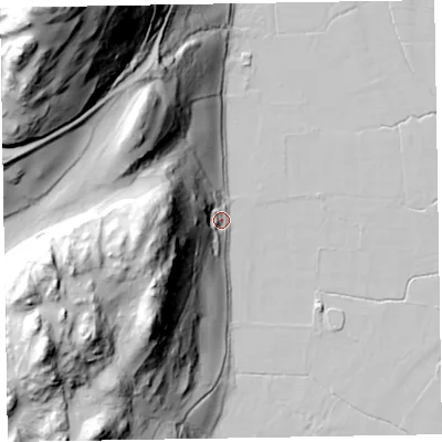 Shaded relief map of the ground around LA185HS, computed from Environment Agency LiDAR. The ground here sits at about 10 m above sea level and falls 138 m across the surrounding 800 m. Surface water reaching this point runs off ground lying to the west, 71.4 m higher.