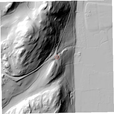 Shaded relief map of the ground around LA185HX, computed from Environment Agency LiDAR. The ground here sits at about 51 m above sea level and falls 146 m across the surrounding 800 m. Surface water reaching this point runs off ground lying to the north-west, 96.4 m higher.