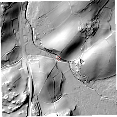 Shaded relief map of the ground around LA185HZ, computed from Environment Agency LiDAR. The ground here sits at about 17 m above sea level and falls 54 m across the surrounding 800 m. Surface water reaching this point runs off ground lying to the south-west, 46.1 m higher.