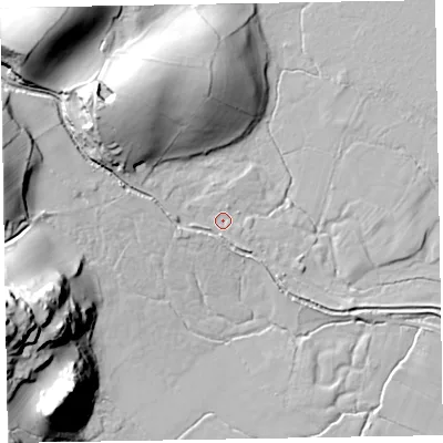 Shaded relief map of the ground around LA185JA, computed from Environment Agency LiDAR. The ground here sits at about 8 m above sea level and falls 47 m across the surrounding 800 m. Surface water reaching this point runs off ground lying to the north-west, 27.9 m higher.
