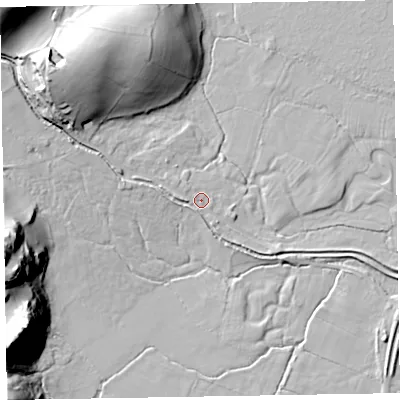 Shaded relief map of the ground around LA185JB, computed from Environment Agency LiDAR. The ground here sits at about 7 m above sea level and falls 37 m across the surrounding 800 m. Surface water reaching this point runs off ground lying to the north-west, 21.6 m higher.
