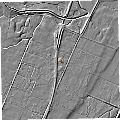 Shaded relief map of the ground around LA185JD, computed from Environment Agency LiDAR. The ground here sits at about 6 m above sea level and falls 5 m across the surrounding 800 m. Surface water reaching this point runs off ground lying to the east-north-east, 1.5 m higher.