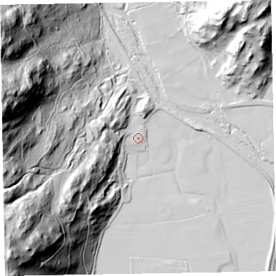 Shaded relief map of the ground around LA185JE, computed from Environment Agency LiDAR. The ground here sits at about 9 m above sea level and falls 134 m across the surrounding 800 m. Surface water reaching this point runs off ground lying to the west, 6.3 m higher.