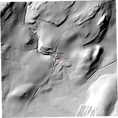 Shaded relief map of the ground around LA185JQ, computed from Environment Agency LiDAR. The ground here sits at about 19 m above sea level and falls 79 m across the surrounding 800 m. Surface water reaching this point runs off ground lying to the north-west, 67.5 m higher.