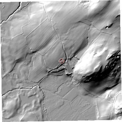 Shaded relief map of the ground around LA185JS, computed from Environment Agency LiDAR. The ground here sits at about 50 m above sea level and falls 78 m across the surrounding 800 m. Surface water reaching this point runs off ground lying to the north-north-east, 10.2 m higher.