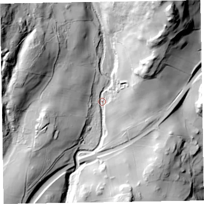 Shaded relief map of the ground around LA185JX, computed from Environment Agency LiDAR. The ground here sits at about 88 m above sea level and falls 103 m across the surrounding 800 m. Surface water reaching this point runs off ground lying to the north-east, 75.1 m higher.