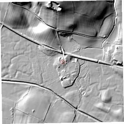 Shaded relief map of the ground around LA185LJ, computed from Environment Agency LiDAR. The ground here sits at about 8 m above sea level and falls 37 m across the surrounding 800 m. Surface water reaching this point runs off ground lying to the east-south-east, 1.4 m higher.