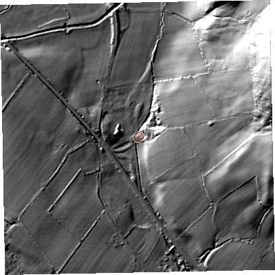 Shaded relief map of the ground around LA185LN, computed from Environment Agency LiDAR. The ground here sits at about 11 m above sea level and falls 69 m across the surrounding 800 m. Surface water reaching this point runs off ground lying to the east-north-east, 64.9 m higher.