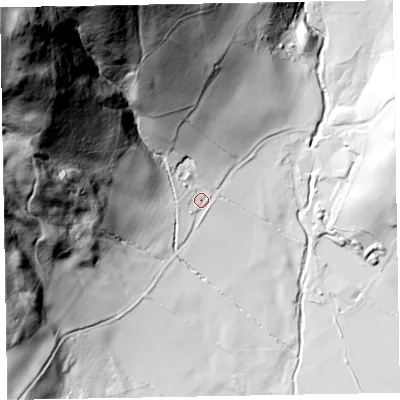Shaded relief map of the ground around LA185LU, computed from Environment Agency LiDAR. The ground here sits at about 56 m above sea level and falls 248 m across the surrounding 800 m. Surface water reaching this point runs off ground lying to the north-north-west, 43.2 m higher.