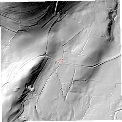 Shaded relief map of the ground around LA185LX, computed from Environment Agency LiDAR. The ground here sits at about 58 m above sea level and falls 137 m across the surrounding 800 m. Surface water reaching this point runs off ground lying to the north-north-west, 105.7 m higher.