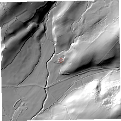 Shaded relief map of the ground around LA185LY, computed from Environment Agency LiDAR. The ground here sits at about 49 m above sea level and falls 64 m across the surrounding 800 m. Surface water reaching this point runs off ground lying to the east-north-east, 7.1 m higher.