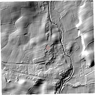 Shaded relief map of the ground around LA195TH, computed from Environment Agency LiDAR. The ground here sits at about 30 m above sea level and falls 26 m across the surrounding 800 m. Surface water reaching this point runs off ground lying to the north-north-west, 2.9 m higher.