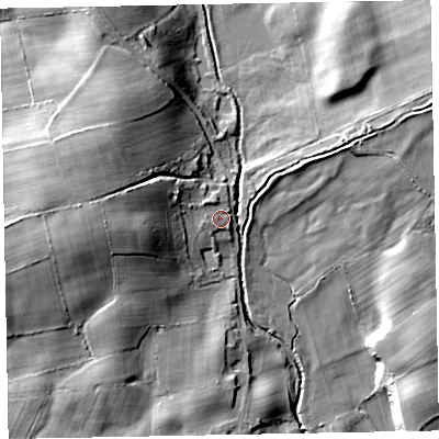 Shaded relief map of the ground around LA195TJ, computed from Environment Agency LiDAR. The ground here sits at about 34 m above sea level and falls 22 m across the surrounding 800 m. Surface water reaching this point runs off ground lying to the north-west, 3.0 m higher.