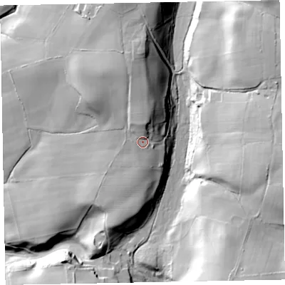 Shaded relief map of the ground around LA195TX, computed from Environment Agency LiDAR. The ground here sits at about 99 m above sea level and falls 55 m across the surrounding 800 m. Surface water reaching this point runs off ground lying to the north, 8.4 m higher.