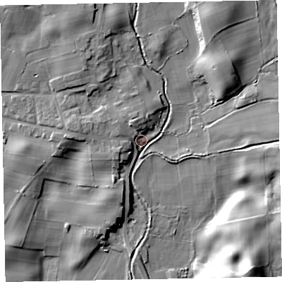Shaded relief map of the ground around LA195UG, computed from Environment Agency LiDAR. The ground here sits at about 23 m above sea level and falls 29 m across the surrounding 800 m. Surface water reaching this point runs off ground lying to the north-north-west, 12.4 m higher.