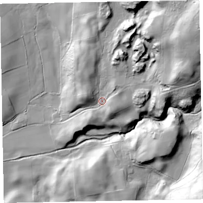 Shaded relief map of the ground around LA195UH, computed from Environment Agency LiDAR. The ground here sits at about 54 m above sea level and falls 98 m across the surrounding 800 m. Surface water reaching this point runs off ground lying to the north-east, 63.8 m higher.