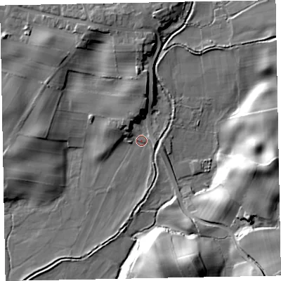 Shaded relief map of the ground around LA195UL, computed from Environment Agency LiDAR. The ground here sits at about 18 m above sea level and falls 32 m across the surrounding 800 m. Surface water reaching this point runs off ground lying to the north, 9.6 m higher.
