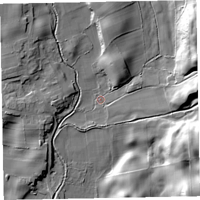 Shaded relief map of the ground around LA195UQ, computed from Environment Agency LiDAR. The ground here sits at about 23 m above sea level and falls 48 m across the surrounding 800 m. Surface water reaching this point runs off ground lying to the north-east, 40.8 m higher.