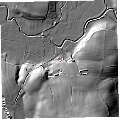 Shaded relief map of the ground around LA195XL, computed from Environment Agency LiDAR. The ground here sits at about 8 m above sea level and falls 34 m across the surrounding 800 m. Surface water reaching this point runs off ground lying to the south-south-east, 10.3 m higher.
