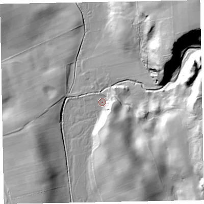 Shaded relief map of the ground around LA195XS, computed from Environment Agency LiDAR. The ground here sits at about 36 m above sea level and falls 62 m across the surrounding 800 m. Surface water reaching this point runs off ground lying to the south-east, 11.2 m higher.