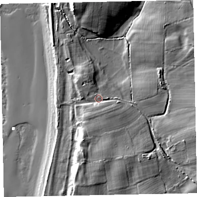 Shaded relief map of the ground around LA195YA, computed from Environment Agency LiDAR. The ground here sits at about 10 m above sea level and falls 16 m across the surrounding 800 m. Surface water reaching this point runs off ground lying to the north-west, 1.4 m higher.