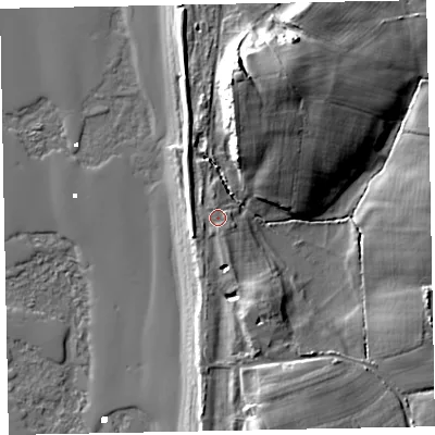 Shaded relief map of the ground around LA195YB, computed from Environment Agency LiDAR. The ground here sits at about 7 m above sea level and falls 21 m across the surrounding 800 m. Surface water reaching this point runs off ground lying to the north, 14.6 m higher.