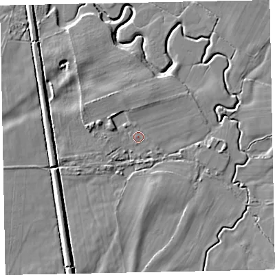 Shaded relief map of the ground around LA195YF, computed from Environment Agency LiDAR. The ground here sits at about 6 m above sea level and falls 8 m across the surrounding 800 m. Surface water reaching this point runs off ground lying to the north-west, 3.2 m higher.