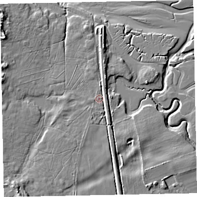 Shaded relief map of the ground around LA195YG, computed from Environment Agency LiDAR. The ground here sits at about 6 m above sea level and falls 12 m across the surrounding 800 m. Surface water reaching this point runs off ground lying to the south-south-west, 3.9 m higher.