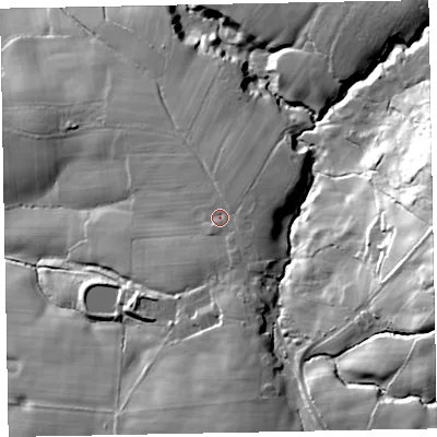 Shaded relief map of the ground around LA195YH, computed from Environment Agency LiDAR. The ground here sits at about 35 m above sea level and falls 54 m across the surrounding 800 m. Surface water reaching this point runs off ground lying to the east, 2.6 m higher.
