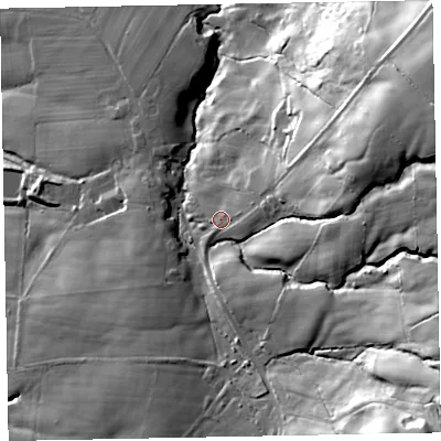 Shaded relief map of the ground around LA195YJ, computed from Environment Agency LiDAR. The ground here sits at about 40 m above sea level and falls 61 m across the surrounding 800 m. Surface water reaching this point runs off ground lying to the east-north-east, 7.5 m higher.