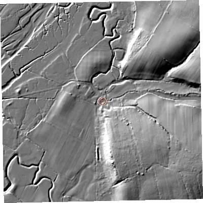 Shaded relief map of the ground around LA195YQ, computed from Environment Agency LiDAR. The ground here sits at about 5 m above sea level and falls 21 m across the surrounding 800 m. Surface water reaching this point runs off ground lying to the east-south-east, 17.4 m higher.