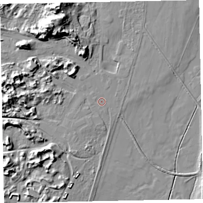 Shaded relief map of the ground around LA195YR, computed from Environment Agency LiDAR. The ground here sits at about 8 m above sea level and falls 18 m across the surrounding 800 m. Surface water reaching this point runs off ground lying to the north-west, 9.5 m higher.