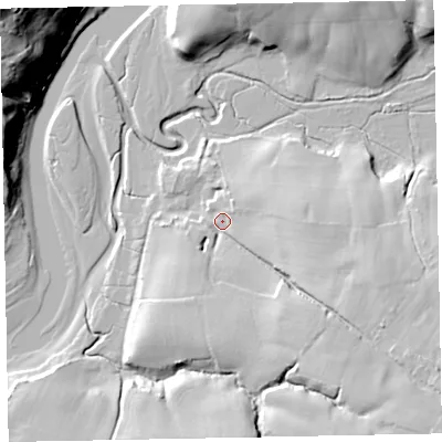 Shaded relief map of the ground around LA195YW, computed from Environment Agency LiDAR. The ground here sits at about 10 m above sea level and falls 49 m across the surrounding 800 m. Surface water reaching this point runs off ground lying to the south-east, 17.5 m higher.