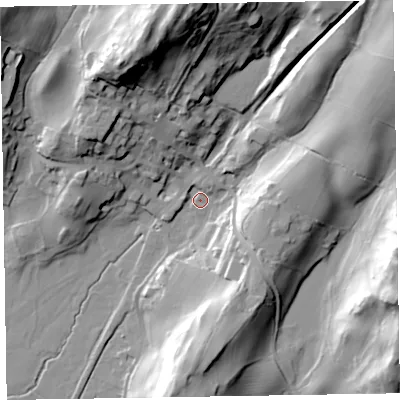 Shaded relief map of the ground around LA206AJ, computed from Environment Agency LiDAR. The ground here sits at about 9 m above sea level and falls 53 m across the surrounding 800 m. Surface water reaching this point runs off ground lying to the north-east, 23.7 m higher.