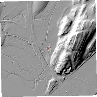 Shaded relief map of the ground around LA206AL, computed from Environment Agency LiDAR. The ground here sits at about 6 m above sea level and falls 56 m across the surrounding 800 m. Surface water reaching this point runs off ground lying to the east-south-east, 14.8 m higher.