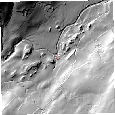 Shaded relief map of the ground around LA206AX, computed from Environment Agency LiDAR. The ground here sits at about 35 m above sea level and falls 120 m across the surrounding 800 m. Surface water reaching this point runs off ground lying to the east-south-east, 100.7 m higher.
