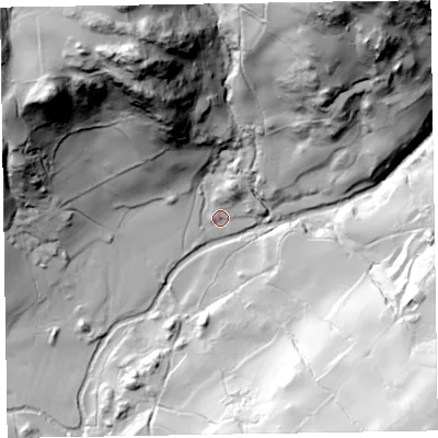 Shaded relief map of the ground around LA206AY, computed from Environment Agency LiDAR. The ground here sits at about 43 m above sea level and falls 102 m across the surrounding 800 m. Surface water reaching this point runs off ground lying to the north-north-east, 12.4 m higher.