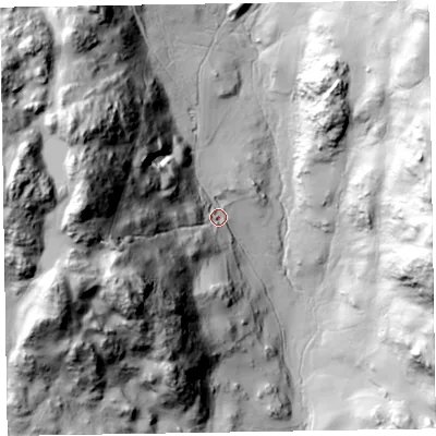 Shaded relief map of the ground around LA206BA, computed from Environment Agency LiDAR. The ground here sits at about 200 m above sea level and falls 170 m across the surrounding 800 m. Surface water reaching this point runs off ground lying to the west, 142.9 m higher.
